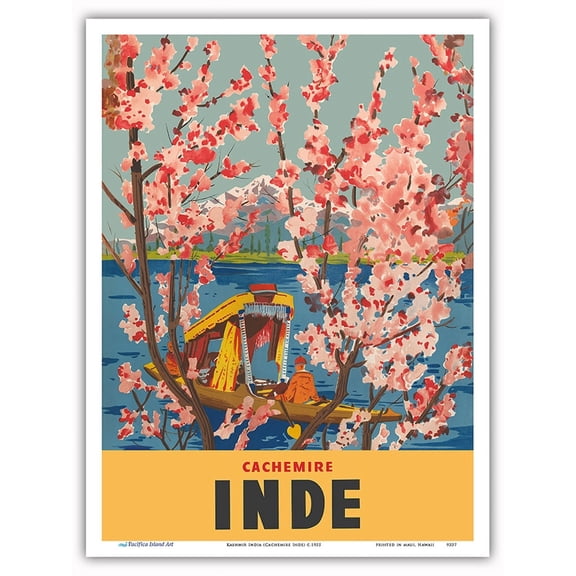Kashmir India (Cachemire Inde) - Boat (Shikara) Dal Lake - Vintage Travel Poster c.1955 - Master Art Print (Unframed) 9in x 12in