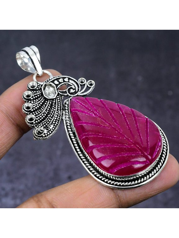 Kashmir Red Ruby Gemstone Handmade 925 Steling Silver Jewelry Pendant 2.76"