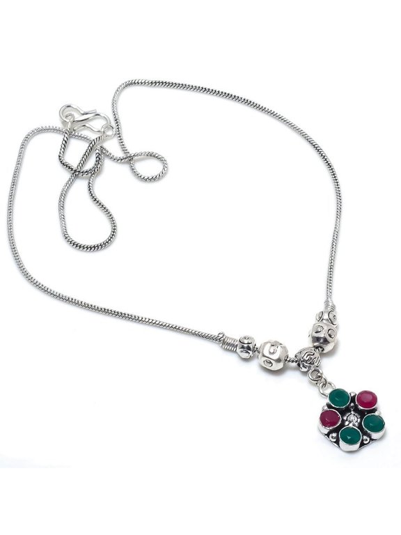Kashmir Ruby,Emerald(Simulated) Gemstone Handmade Gift Necklace 18"