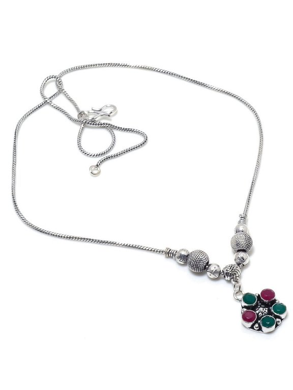 Kashmir Ruby,Emerald(Simulated) Gemstone Handmade Gift Necklace 18"
