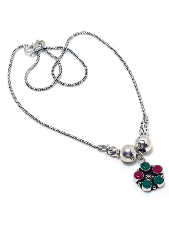 Kashmir Ruby,Emerald(Simulated) Gemstone Handmade Gift Necklace 18"