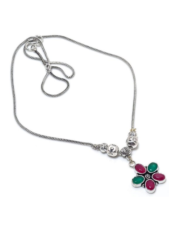 Kashmir Ruby,Emerald(Simulated) Gemstone Handmade Gift Necklace 18"