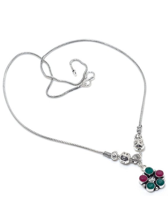 Kashmir Ruby,Emerald(Simulated) Gemstone Handmade Gift Necklace 18"