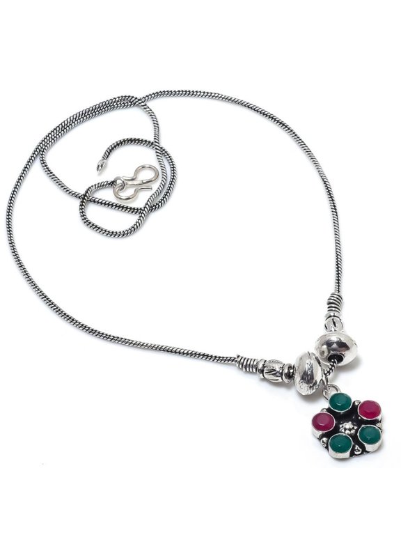 Kashmir Ruby,Emerald(Simulated) Gemstone Handmade Gift Necklace 18"