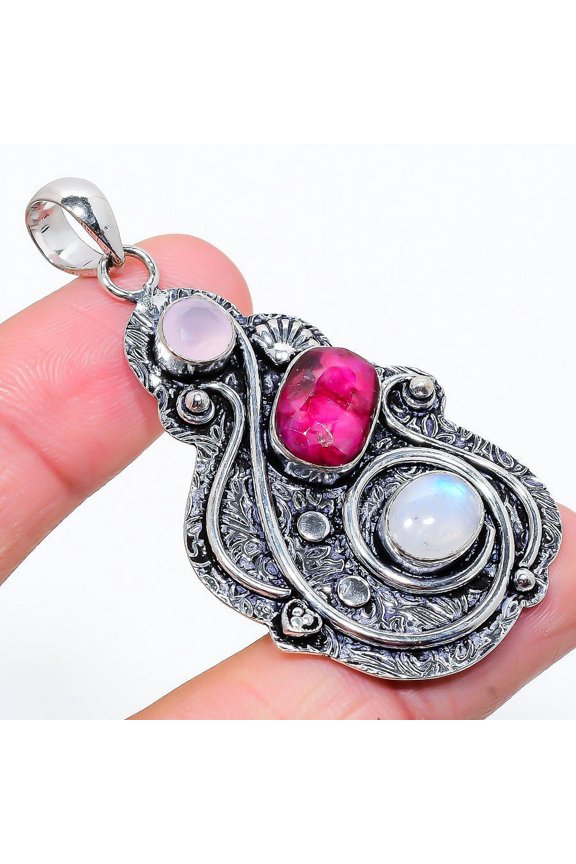 Kashmir Ruby(Simulated) Chalcedony Gemstone Handmade Pendant 2.44"