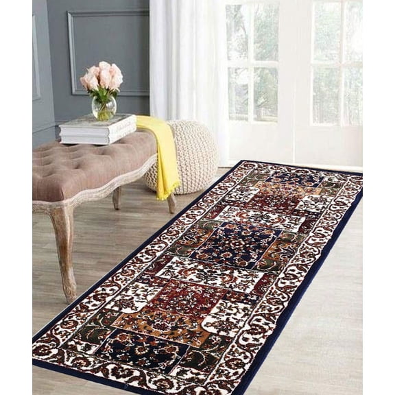 Kashmiri Persian Style Wool Blend Carpet Runner Rug 2x6 ft (60x180 cm) Blue Handcrafted Traditional Area Rug, 12mm Thick Pile for Living Room, Bedroom & Home Decor