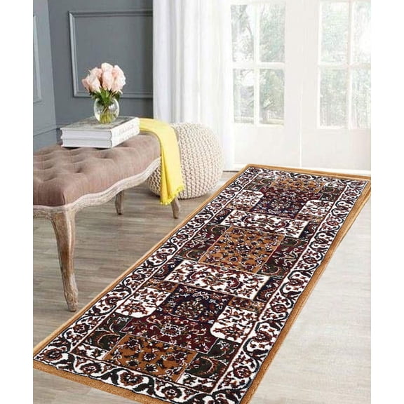 Kashmiri Persian Style Wool Blend Carpet Runner Rug 2x6 ft (60x180 cm) Gold Handcrafted Traditional Area Rug, 12mm Thick Pile for Living Room, Bedroom & Home Decor