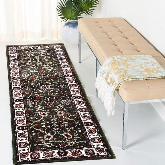 Kashmiri Persian Style Wool Blend Carpet Runner Rug 2x6 ft (60x180 cm) Green Handcrafted Traditional Area Rug, 12mm Thick Pile for Living Room, Bedroom & Home Decor