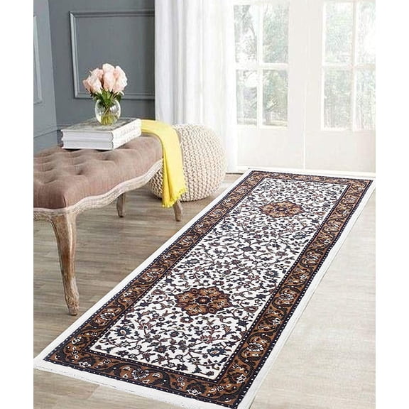 Kashmiri Persian Style Wool Blend Carpet Runner Rug 2x6 ft (60x180 cm) Ivory Handcrafted Traditional Area Rug, 12mm Thick Pile for Living Room, Bedroom & Home Decor