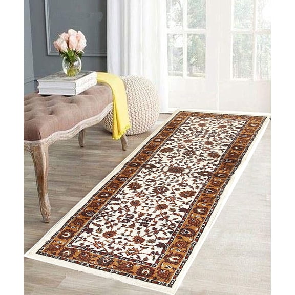 Kashmiri Persian Style Wool Blend Carpet Runner Rug 2x6 ft (60x180 cm) Ivory Handcrafted Traditional Area Rug, 12mm Thick Pile for Living Room, Bedroom & Home Decor