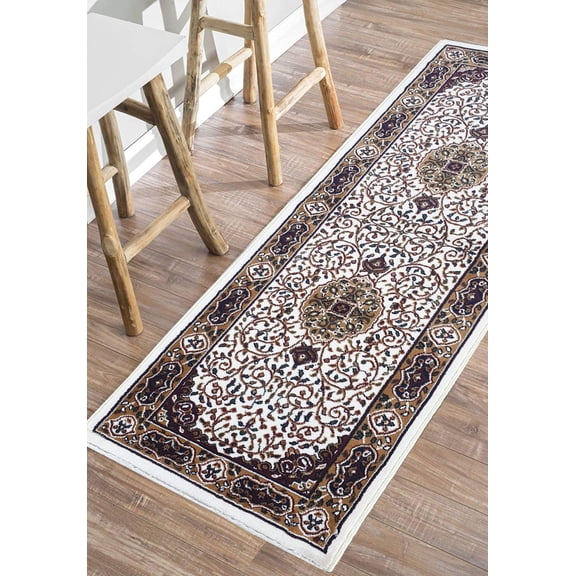 Kashmiri Persian Style Wool Blend Carpet Runner Rug 2x6 ft (60x180 cm) Ivory Handcrafted Traditional Area Rug, 12mm Thick Pile for Living Room, Bedroom & Home Decor