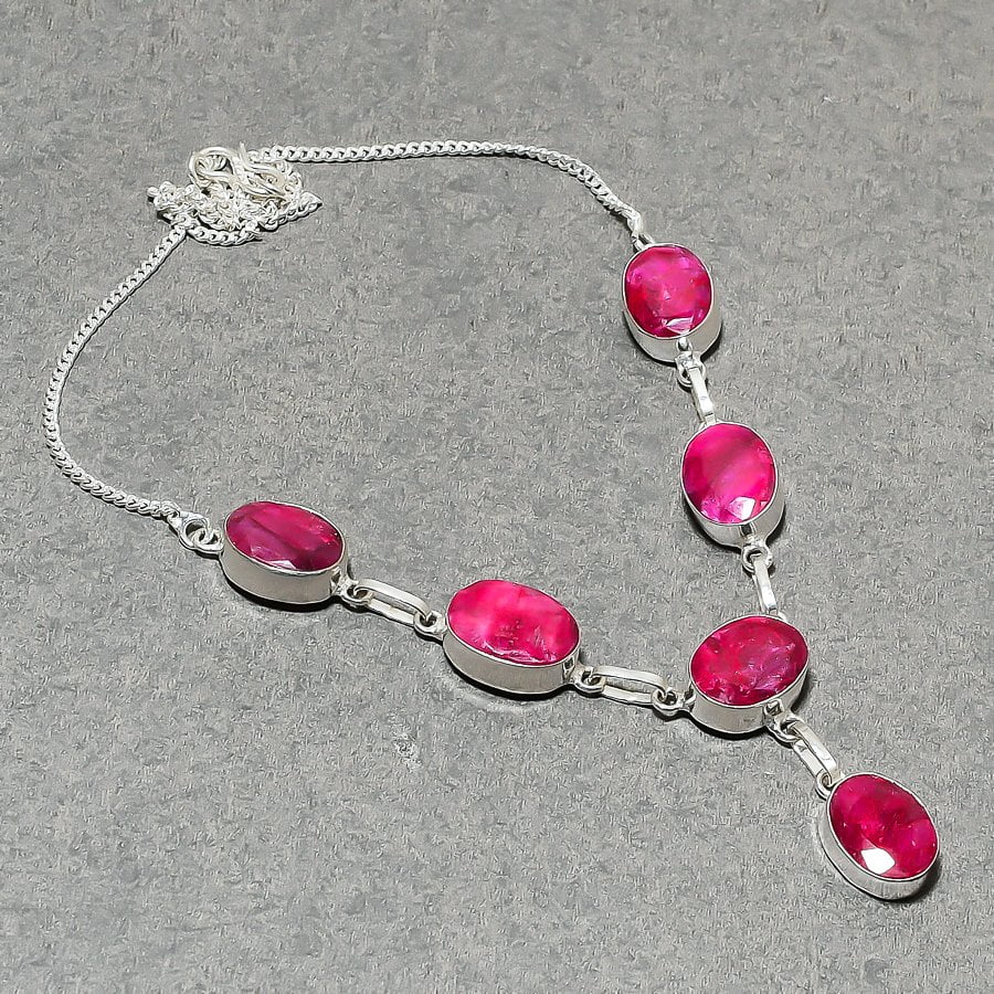 S S GEMS & JEWELLERY Kashmiri Ruby Gemstone Necklace Handmade Adjustable Chain Oval Shape Jewelry 18"