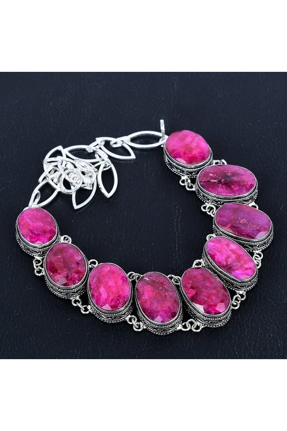 Kashmiri Ruby Oval Gemstone Gift 925 Sterling Silver Vintage Necklace 18" VJ 990