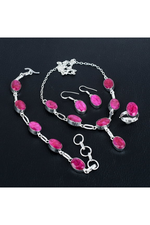 Red Kashmiri Ruby Oval Gemstone Handmade 925 Sterling Silver Jewelry Set VJ 870