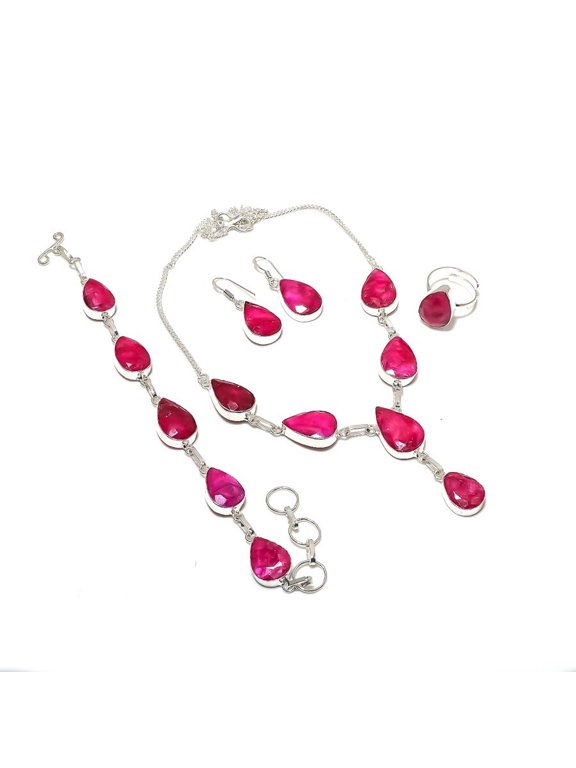 Kashmiri Ruby (Simulated) Pear Shape Jewelry Set Necklace Bracelet Ring Earrings