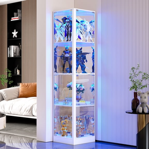 Kasibie 68.9" RGB LED Glass Display Cabinet with Lockable Doors, 4-Tier Showcase Display Case with Glass Doors & Human Body Sensor for Collectibles, Black