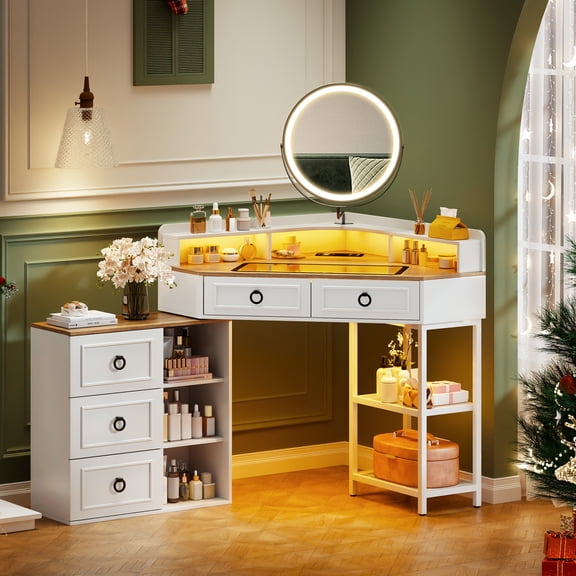 Kasibie Corner Vanity Desk with Rotating Mirror,Makeup Table with 3 Color LED Lights, Charging Station and 5 Drawers & Shelves,White