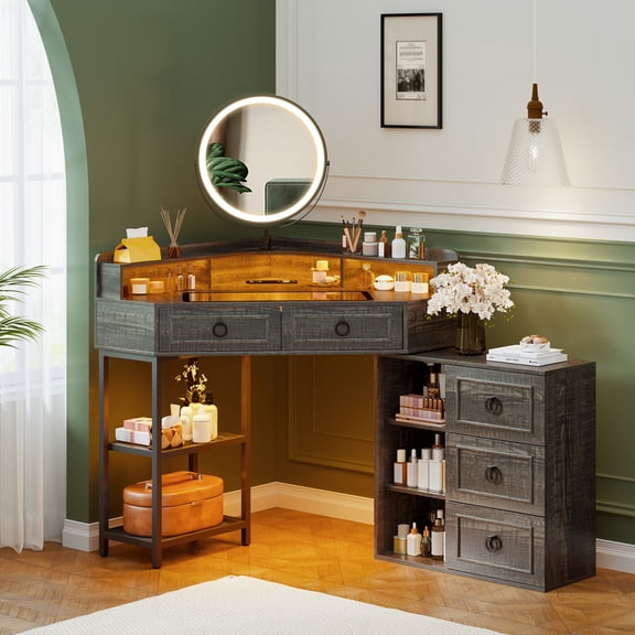 Kasibie Corner Vanity Desk with Rotating Mirror,Makeup Table with 3 Color LED Lights, Charging Station and 5 Drawers & Shelves