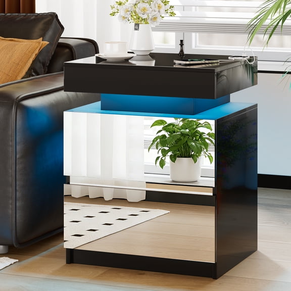 Kasibie LED Nightstand-Bedside Table with Charging Station and 2 Mirrored Drawers Sliding Top with Magnetic Lock - Modern Night Stand for Bedroom & Living Room,Black