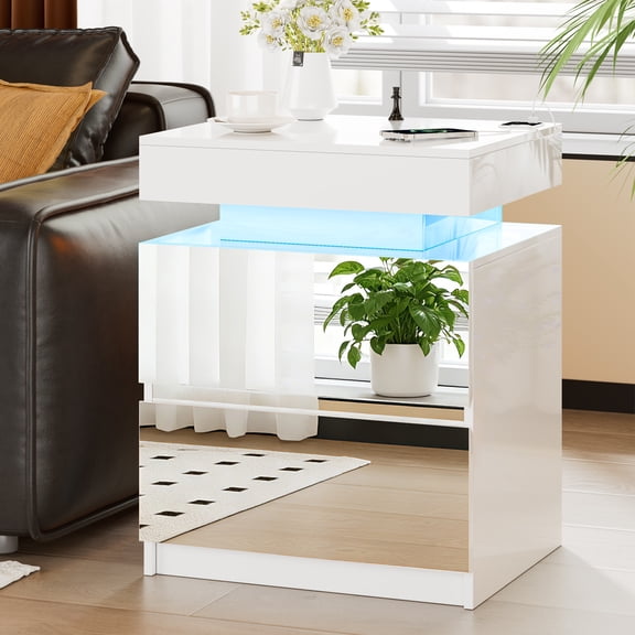 Kasibie LED Nightstand-Bedside Table with Charging Station and 2 Mirrored Drawers Sliding Top with Magnetic Lock - Modern Night Stand for Bedroom & Living Room,White