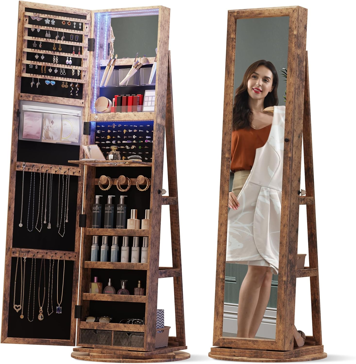 Kasibie Mirror Jewelry with Storage Jewelry Armoire with Full Length Mirror 360° Swivel