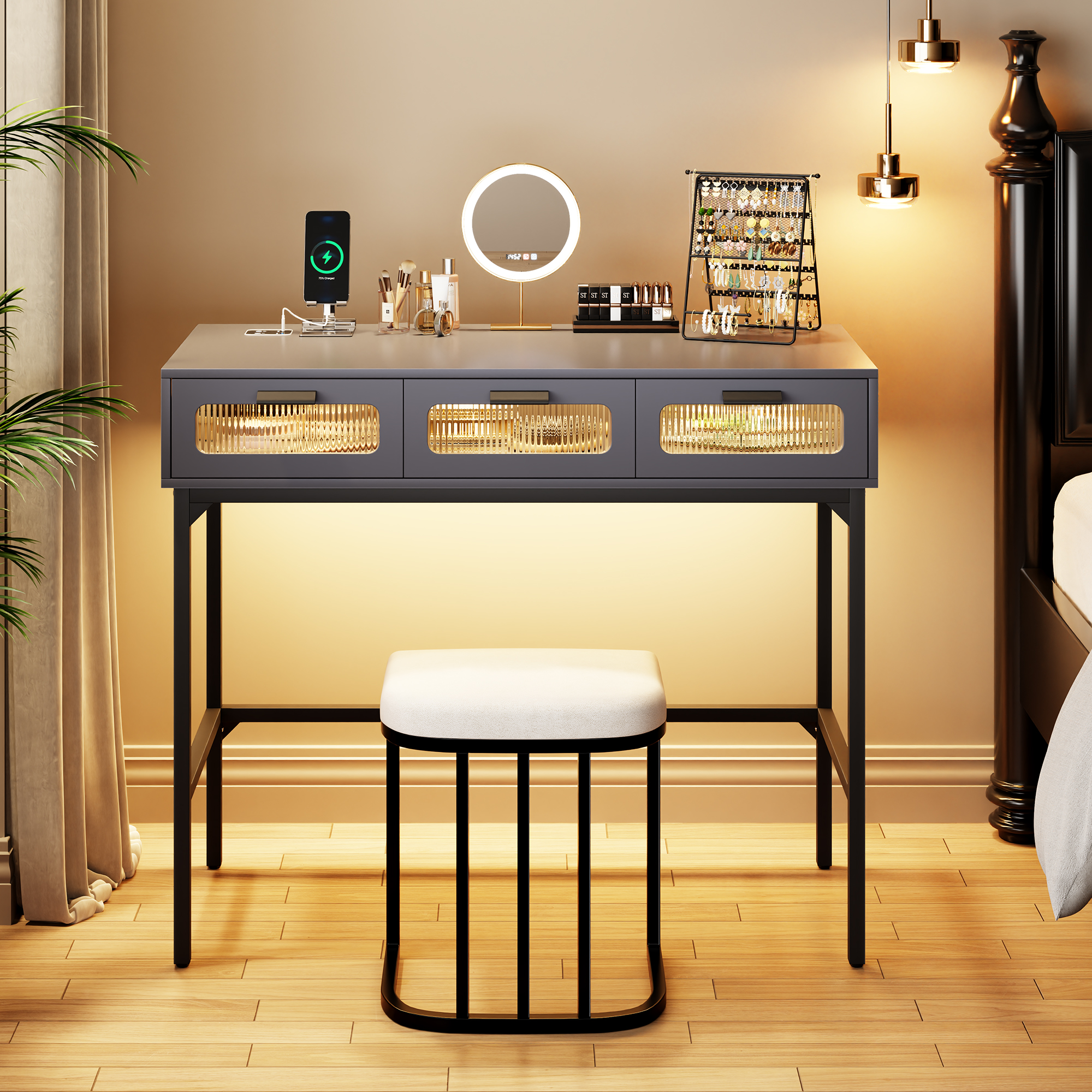 Kasibie Vanity Makeup Table with Lights Dressing Table with Drawers