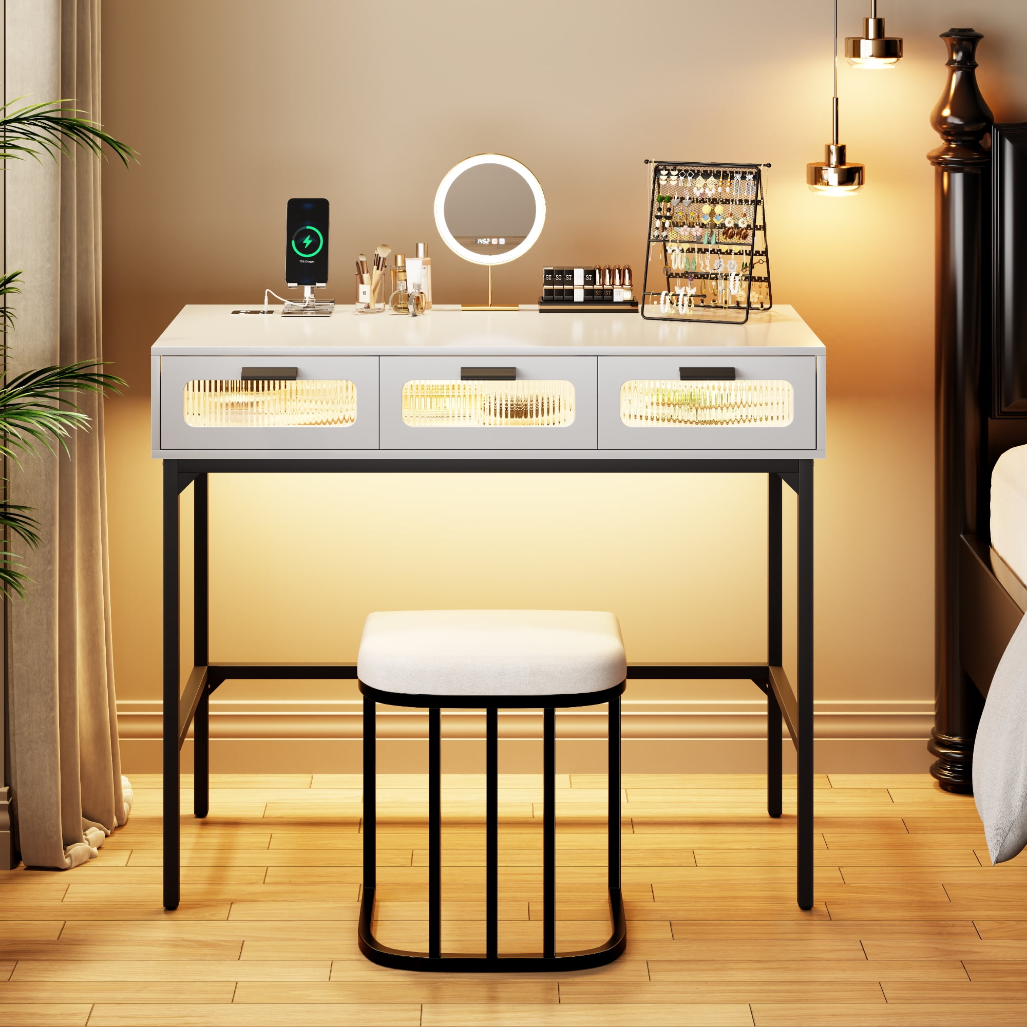 Kasibie Vanity Makeup Table with Lights: Dressing Table with Drawers ...