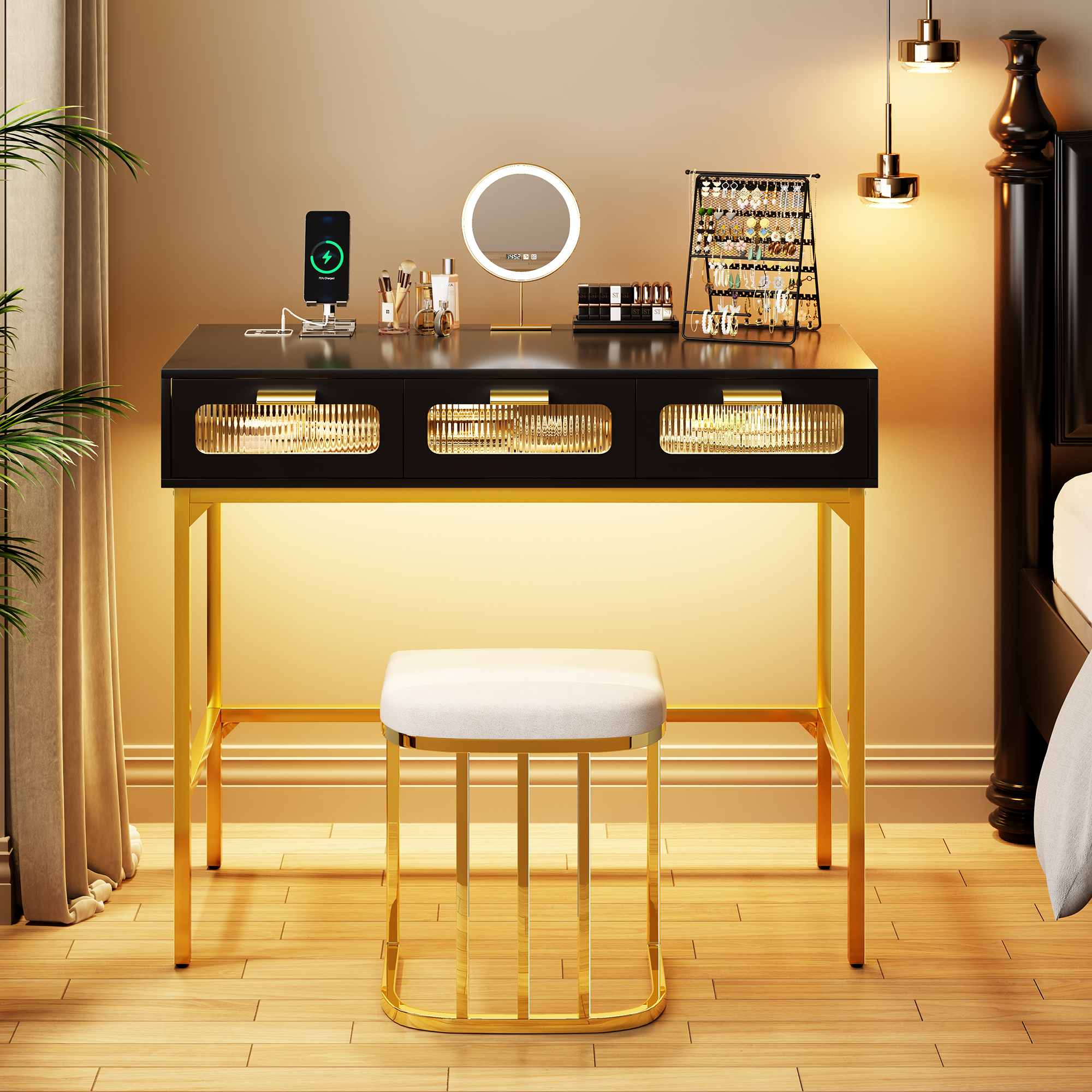 Kasibie Vanity Makeup Table with Lights: Dressing Table with Drawers ...