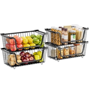 Kaskawise 4 Pcs Stackable Wire Baskets for Pantry Organizers and Storage,Vegetable Fruit Basket for Countertop,Kitchen Storage Metal Baskets,Produce Potato Onion Storage Bin,Black