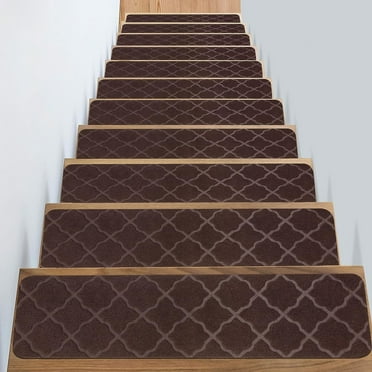 Kaskawise Carpet Stair Treads Non Slip with Self Adhesive, 30"x8" Reusable Anti Slip Tapes for Stairs Set of 15, Skid Resistant Indoor Stair Rugs Stair Mats Stair Covers for Wood Stairs, Brown