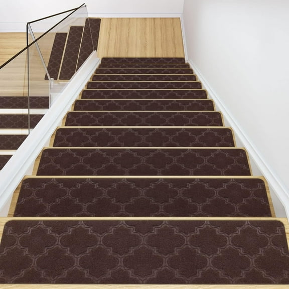 Kaskawise Carpet Stair Treads Non Slip with Self Adhesive, 30"x8" Reusable Anti Slip Tapes for Stairs Set of 7, Skid Resistant Indoor Stair Rugs Stair Mats Stair Covers for Wood Stairs, Brown
