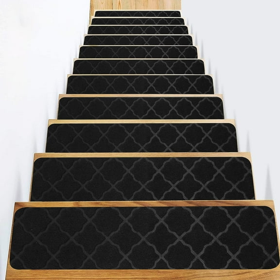 Kaskawise Carpet Stair Treads for Wooden Steps Indoor with Self Adhesive, Black Stair Carpet Treads Grip Strip, 15 Pack Stair Pads Staircase Step Treads for Elders, Kids, Pet Dog