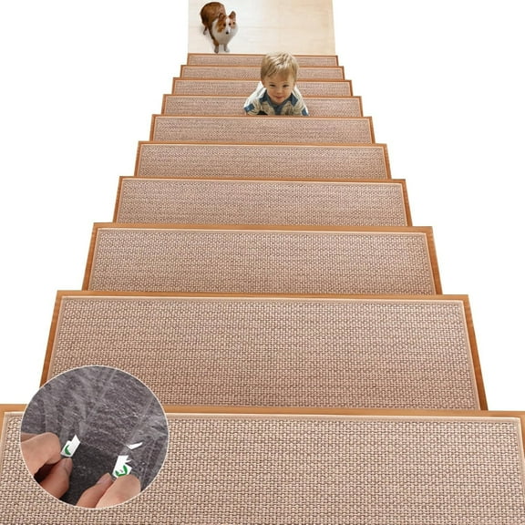 Kaskawise Non Slip Stair-Treads,Rubber Backing Stair-Runners for Wooden Steps,15PCS Residue Free Carpet Stair Treads for Kids and Dogs 8"x30" Beige