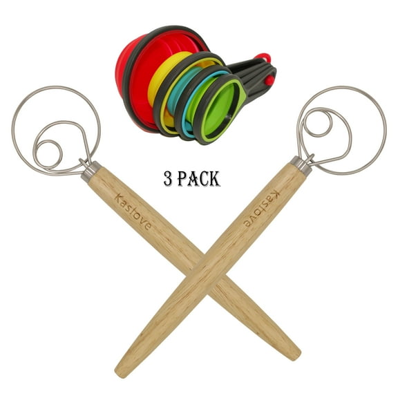 Kaslove 3 pack 2 pack Danish Dough whisk 13inch+1Collapsible Measuring Cups Whisk Mixer Blender, Hook Hand Kitchenware Tool Cake Bread Baking Pizza einkorn flour sourdough bread baking supplies
