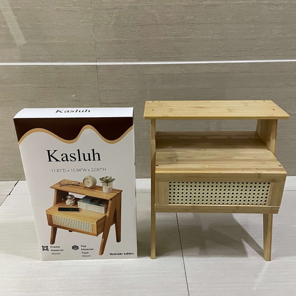 Kasluh Bedside tables, Boho Side Table with Drawer Open Shelf, Cane Accent Bedside End Table with Solid Wood Legs for Bedroom, Dorm and Small Spaces - 11.81"D x 15.94"W x 22.87"H(Natural)