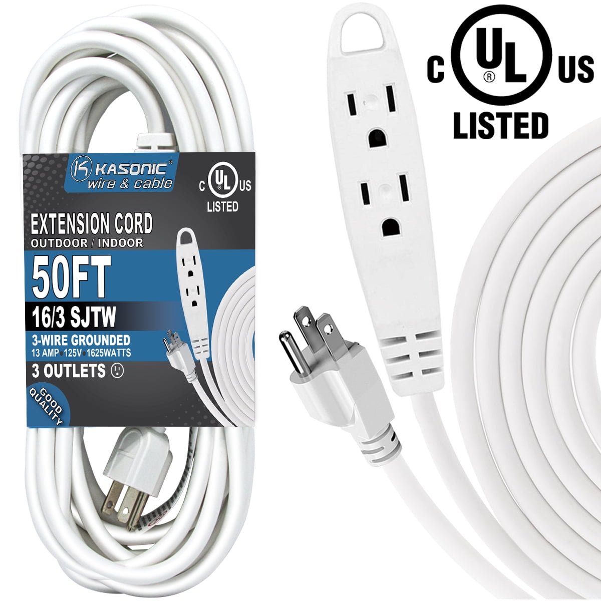 Kasonic 25ft Extension Cord, 3-Prong with 3 Outlets, 16/3 SJTW, 13A 125V, 1625W, White - Indoor/Outdoor Use, Ideal for Garden, Yard, Landscaping & Holiday Decorations