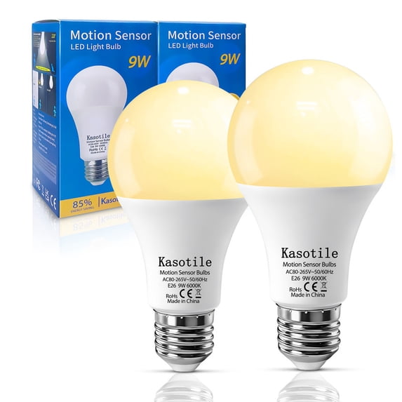 Kasotile Dusk to Dawn Light Bulbs Outdoor 80 Watt Equivalent, Motion Sensing LED Light Bulb, 9W Warm White 3000K, 800Lumen, A19 E26 Bulbs,2pack.