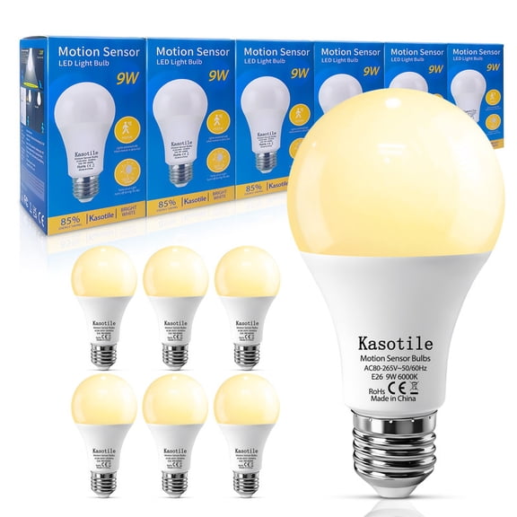 Kasotile Dusk to Dawn Light Bulbs Outdoor 80 Watt Equivalent, Motion Sensing LED Light Bulb, 9W Warm White 3000K, 800Lumen, A19 E26 Bulbs,6pack.