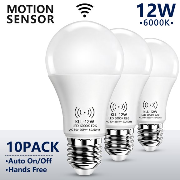 Kasotile Motion Sensor Bulb, 12W (100-Watt Equivalent) Cool White Smart Sensor Light Bulbs Super Bright E26 Automatic On/Off Security Lights Outdoor/Indoor for Garages, Yards, and Patios 10 Pack 