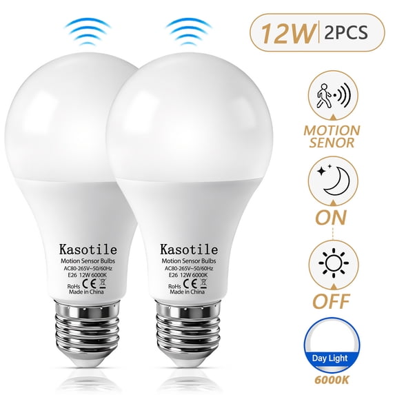 Kasotile Motion Sensor Light Bulbs, 12W (100Watt Equivalent), Motion Activated Dusk to Dawn Security LED Bulb, 6000K Daylight, for Indoor and Outdoor Lighting, Porch, Stairs, Hallway 2Pack