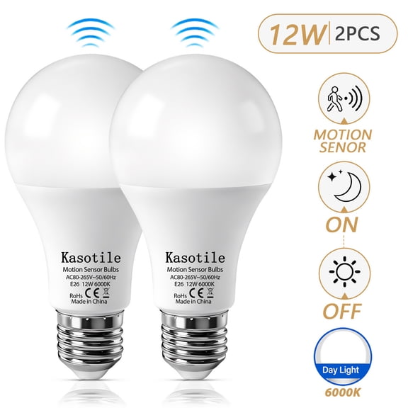 Kasotile Motion Sensor Light Bulbs, 12W (100Watt Equivalent), Motion Activated Dusk to Dawn Security LED Bulb, 6000K Daylight, for Indoor and Outdoor Lighting, Porch, Stairs, Hallway 2Pack