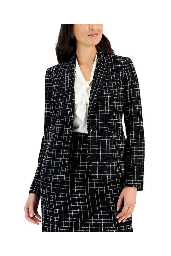 BLACK/LILY Women's Plaid Tweed Notched Collar 1-Button Jacket, US 8