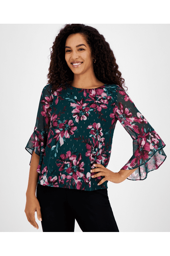 EVERGREEN MULTI Women's Floral-Print Bell-Sleeve Ruffle Blouse, US Small