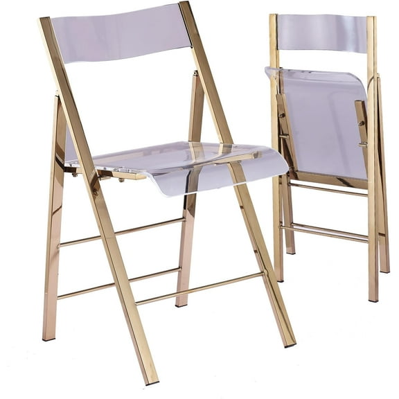 Kasper Flex Modern Acrylic Folding Chairs – Foldable Transparent Clear Lucite Chair with Chromed Steel Frame for Indoor, Outdoor, Dining, Desk, Office, Vanity – New Gold, Set of 1