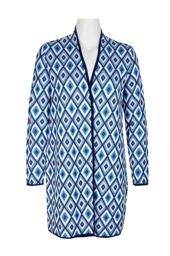 Open Front Piping Detail Diamond Jacquard Cardigan-BLUE RIBBON COMBO / XL