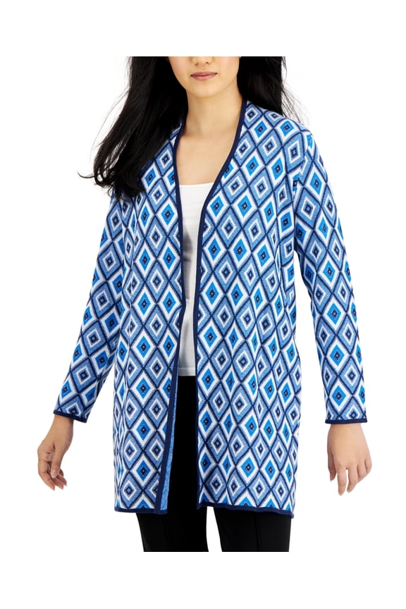 Open Front Piping Detail Diamond Jacquard Cardigan-BLUE RIBBON COMBO / XS