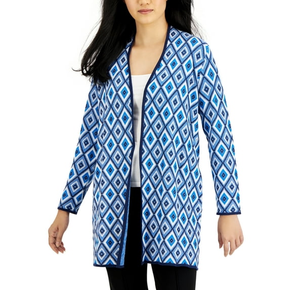 Kasper Open Front Piping Detail Diamond Jacquard Cardigan-BLUE RIBBON COMBO / XS
