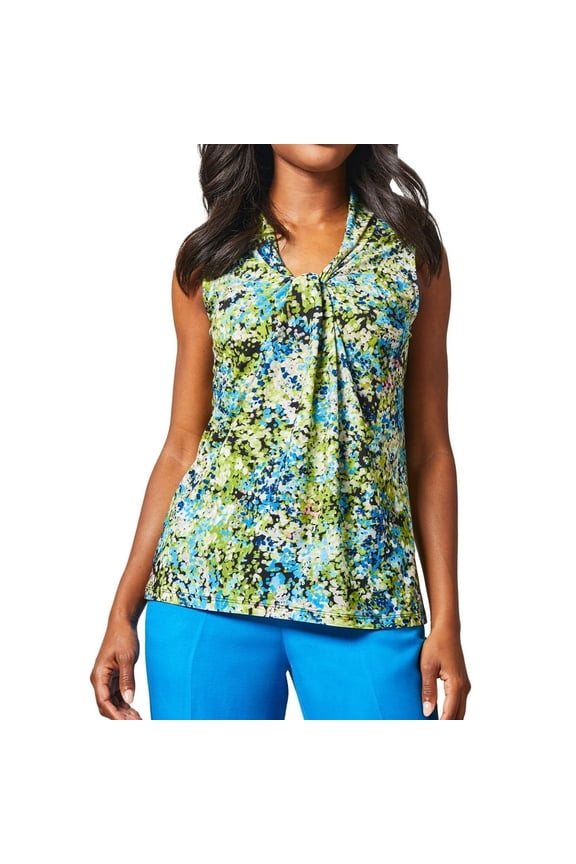 Womens Floral Knot Front Sleeveless Blouse Top, Green, Petite, PM