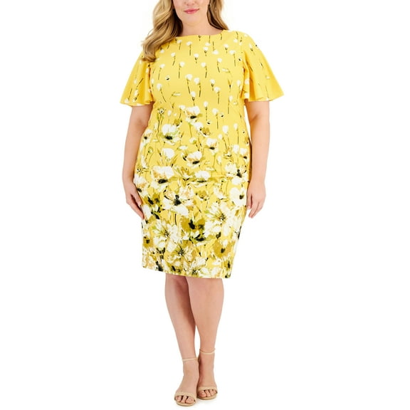 Kasper Plus Size Floral Flutter Sleeve Sheath Dress Daffodil 14W