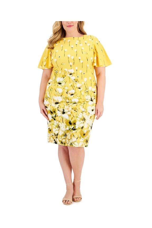Plus Size Floral Flutter Sleeve Sheath Dress Daffodil 24W
